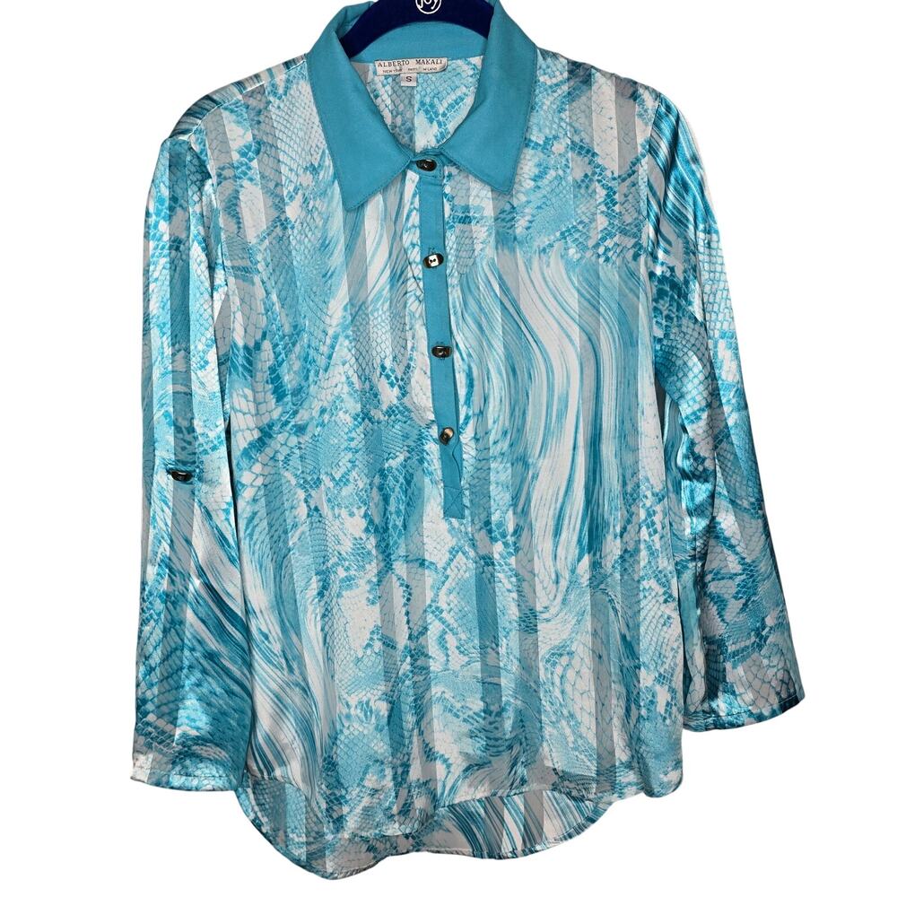 Alberto Makali Blue White Abstract Print Semi-Sheer Button-down Blouse Sz Small - Picture 1 of 9